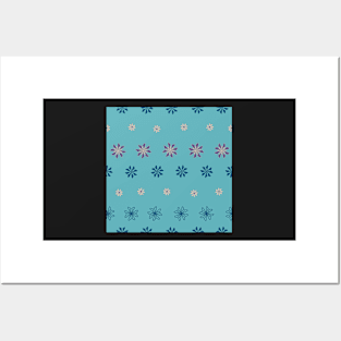 Stripes of geometric flowers on teal background Posters and Art